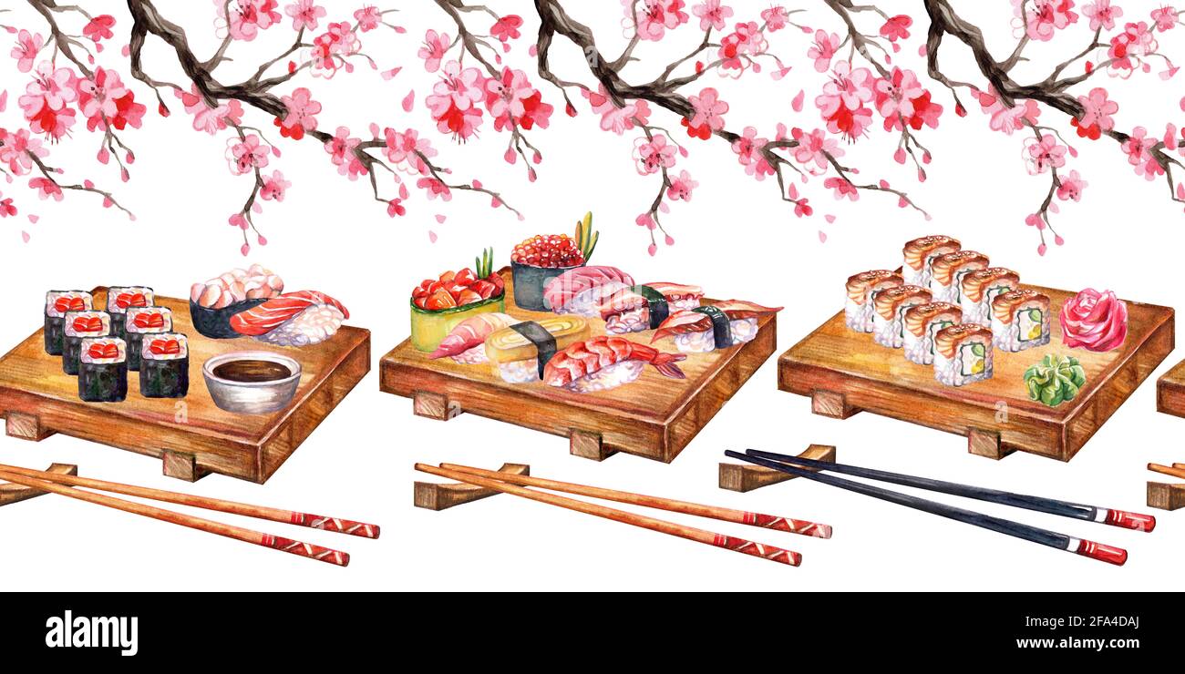 Seamless border with japanese cuisine sushi on board with sakura blossom branch, watercolor illustration. Sushi background. For design sushi restauran Stock Photo