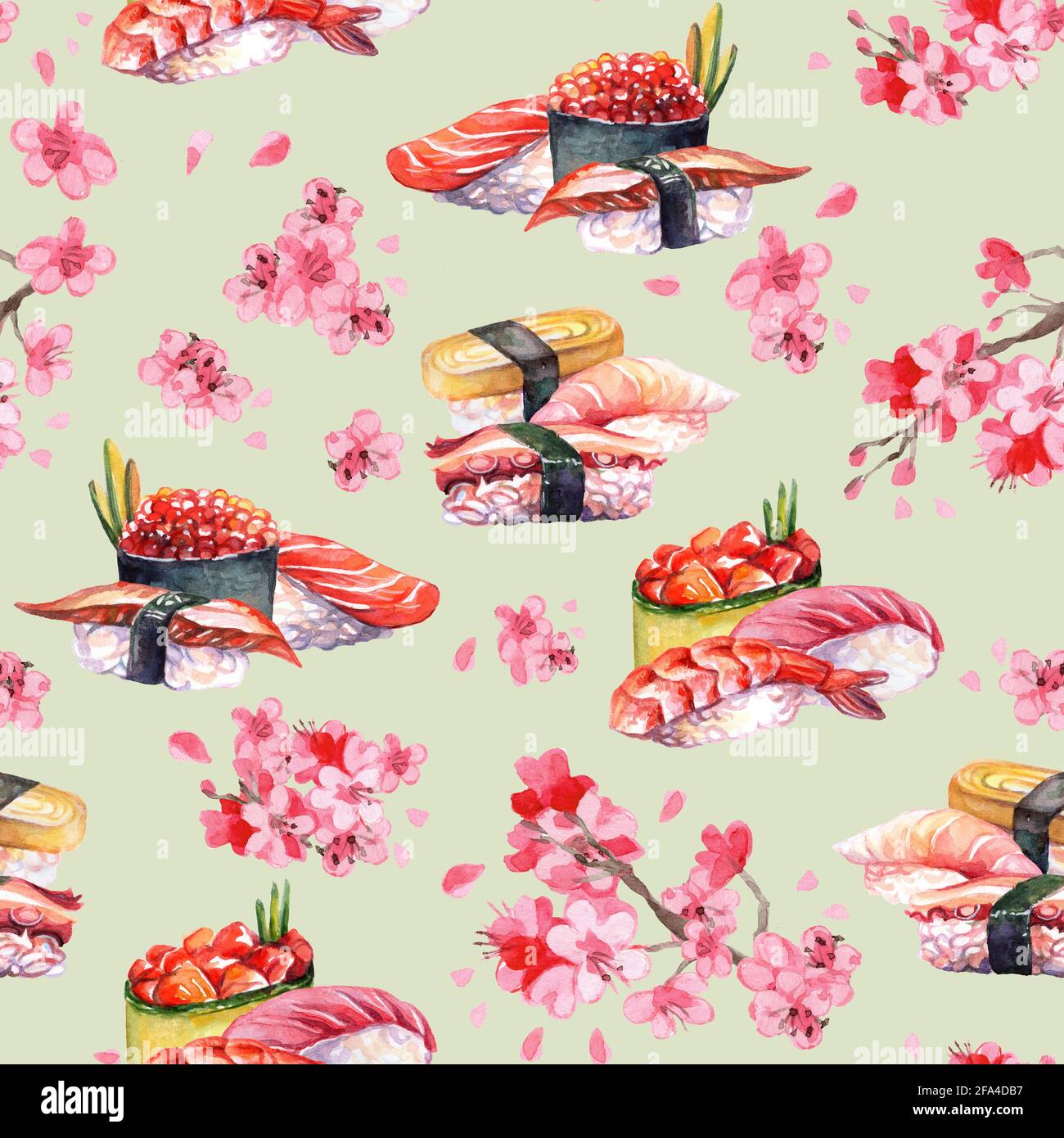 Seamless pattern with japanese cuisine sushi with sakura blossom branch, watercolor background on green. For design sushi restaurant menu, cards, prin Stock Photo