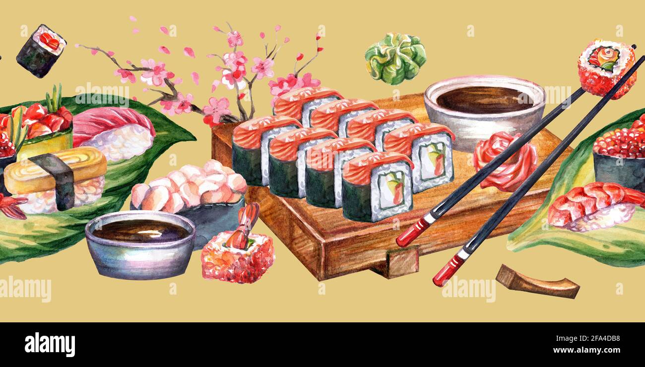 Seamless border japanese cuisine. Background with different sushi elements, watercolor illustration. For design sushi restaurant menu, decor, print, d Stock Photo