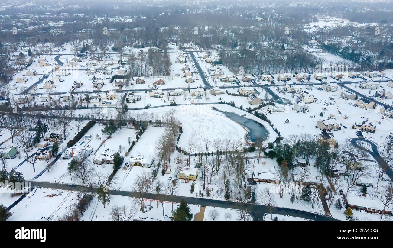 Aerial Shot Of A Snow Covered Community In Vineland New Jersey Stock