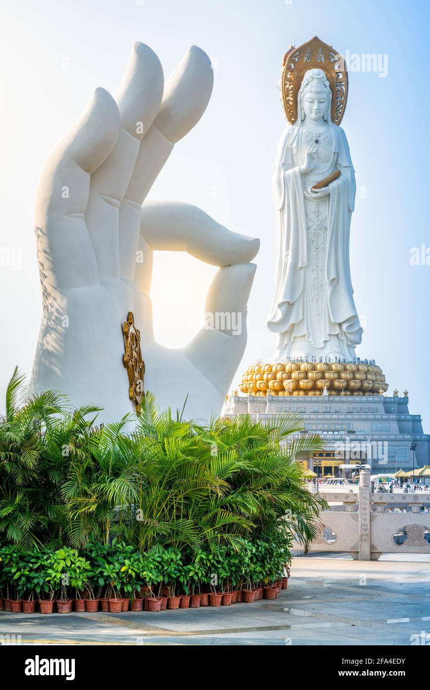 Vertical view of white hand statue with Dharma wheel and Guanyin of the South Sea statue in the background at Nanshan Buddhism cultural park temple in Stock Photo