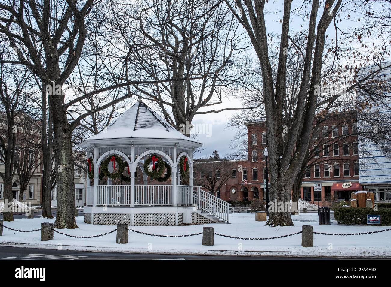 Downtown Keene New Hampshire has it all. Movie house, shopping, gazebos, murals, history. Close to Vermont border, residents travel back and forth. Stock Photo