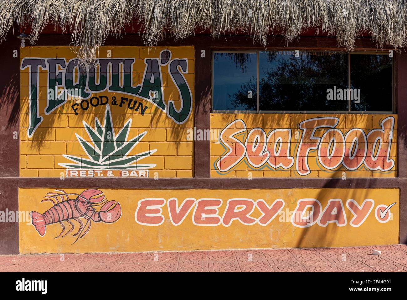 The bright yellow exterior wall of Tequila’s Restaurant in San Carlos, Sonora, Mexico. Stock Photo