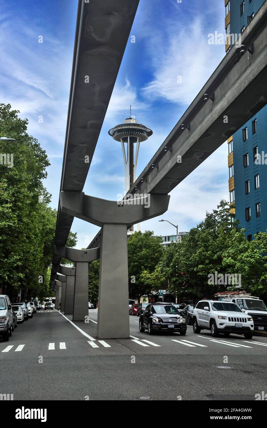 The Seattle Center Monorail; and Space Needle,  Seattle, Washington, USA Stock Photo