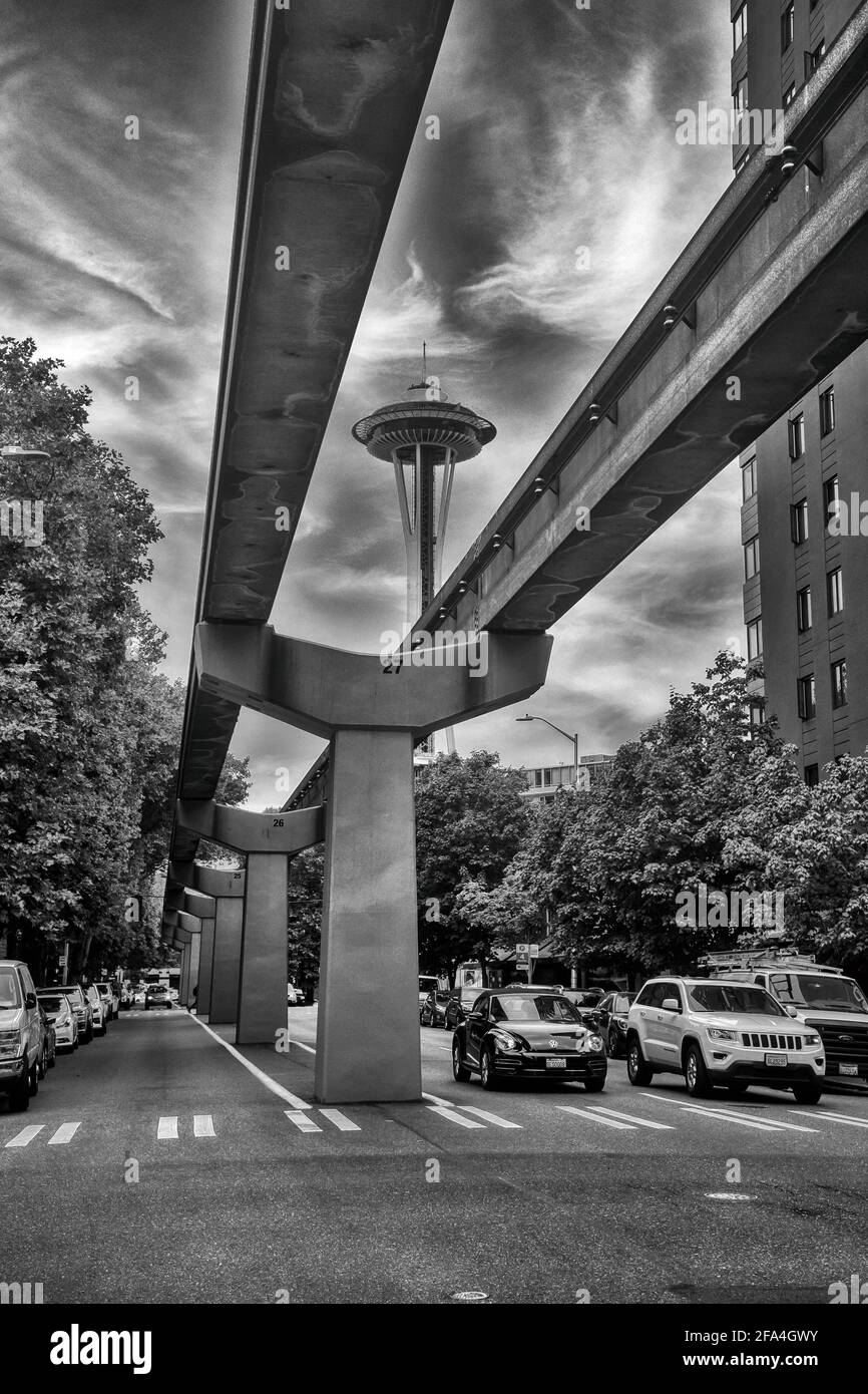 The Seattle Center Monorail; and Space Needle,  Seattle, Washington, USA Stock Photo