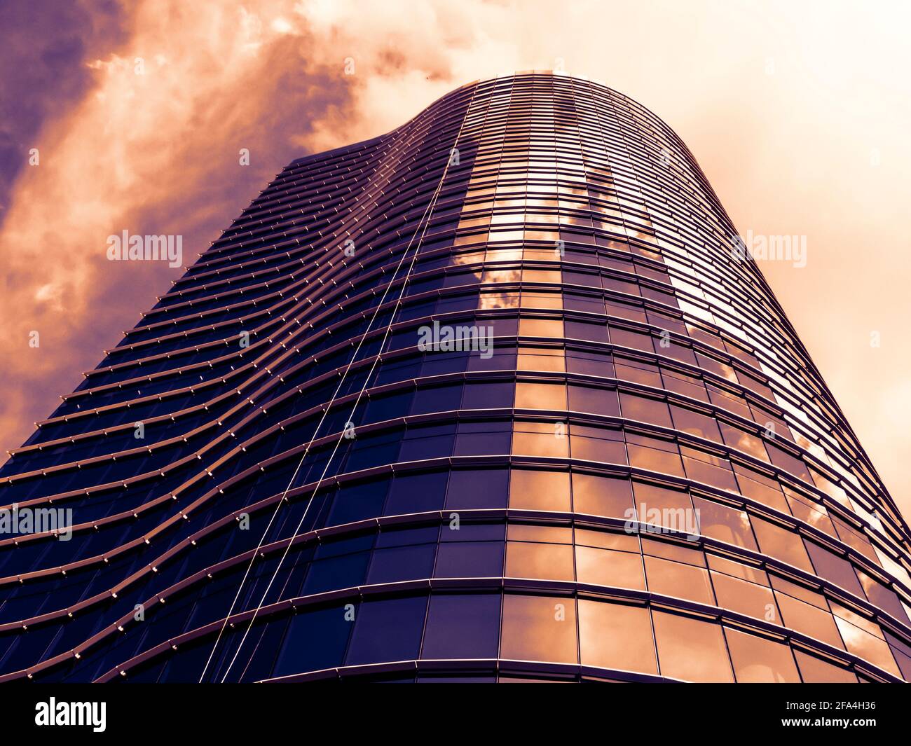 Distopy of glass modern office building with apocalypt sky, in SaopPaulo City Stock Photo