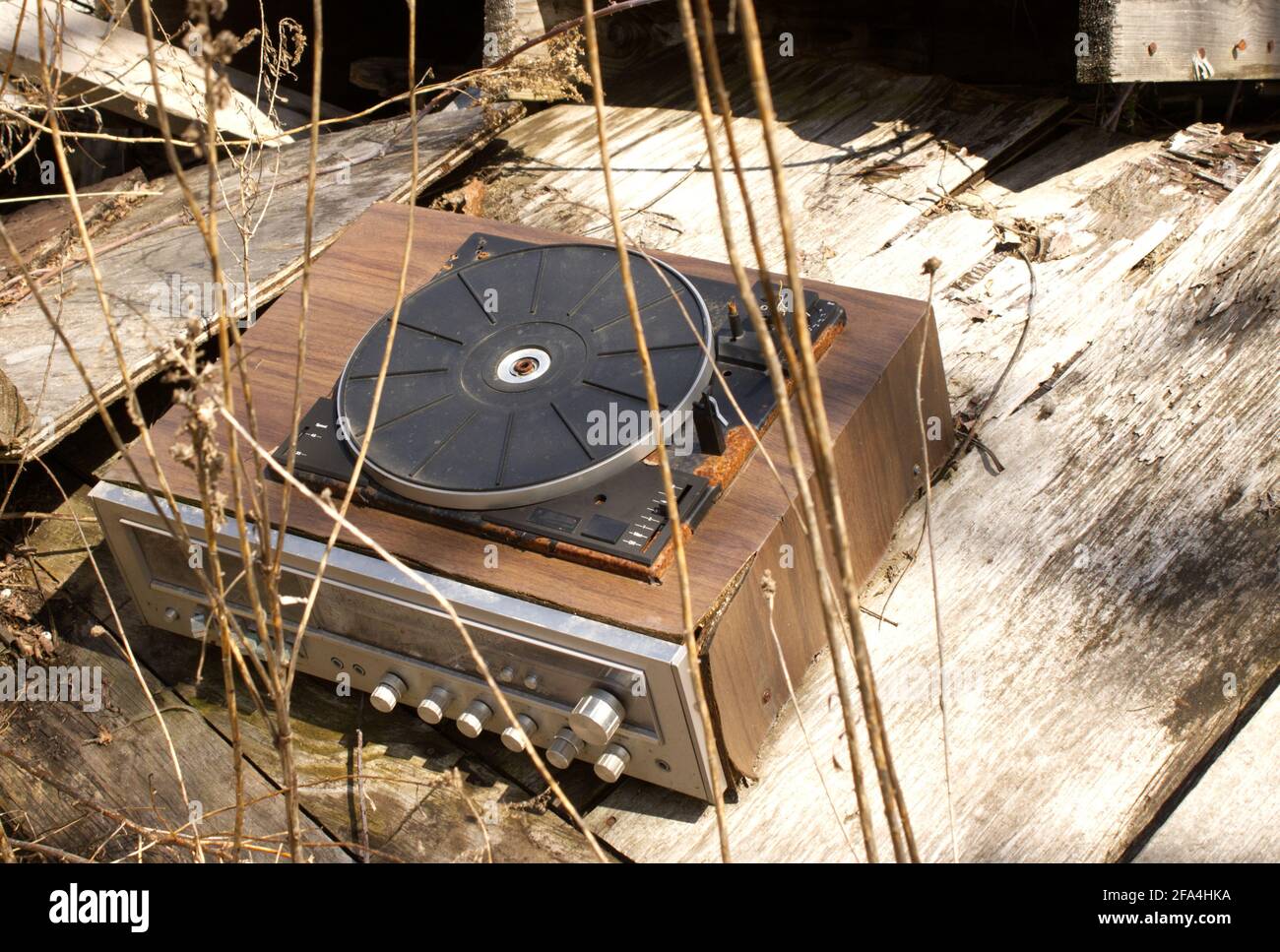 An Abandoned Record Player in the Outdoors Stock Photo