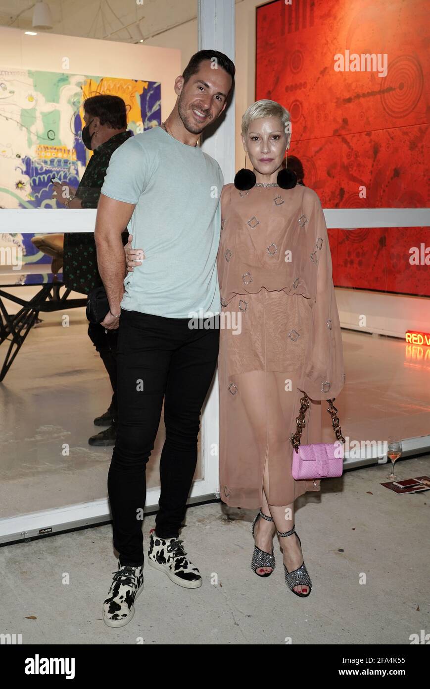 MIAMI, FL - APRIL 22: Eric Garcia and Angeles Almuna are seen at MANOLIS PROJECTS during the Mr. Freaky + Lucy opening night on April 22, 2021 in Miami, Florida. (Photo by Alberto E. Tamargo/Sipa USA) Stock Photo
