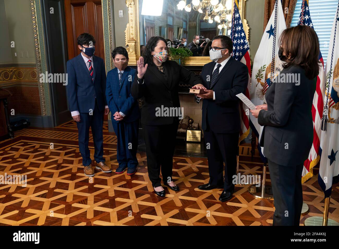 Vice President Kamala Harris swears-in Isabella Guzman as Small Business Administrator Monday, March 22, 2021, in the Vice President’s Ceremonial Office in the Eisenhower Executive Office Building at the White House. (Official White House Photo by Lawrence Jackson) Stock Photo
