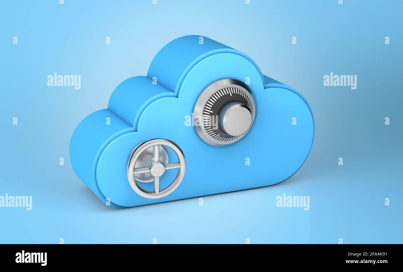 Cloud storage safe. Combination lock as a security and password symbol. Blue background. 3d render. Stock Photo