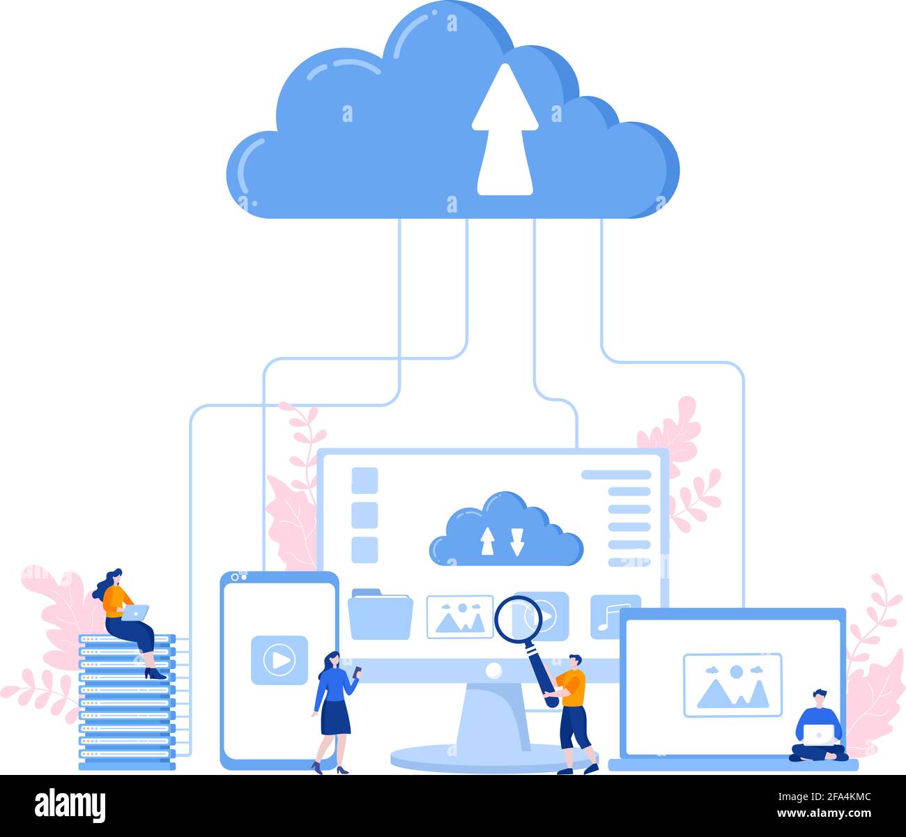 Cloud Data Storage Hosting Research Illustration For Information Database Statistics And Search Analysis Design Stock Vector