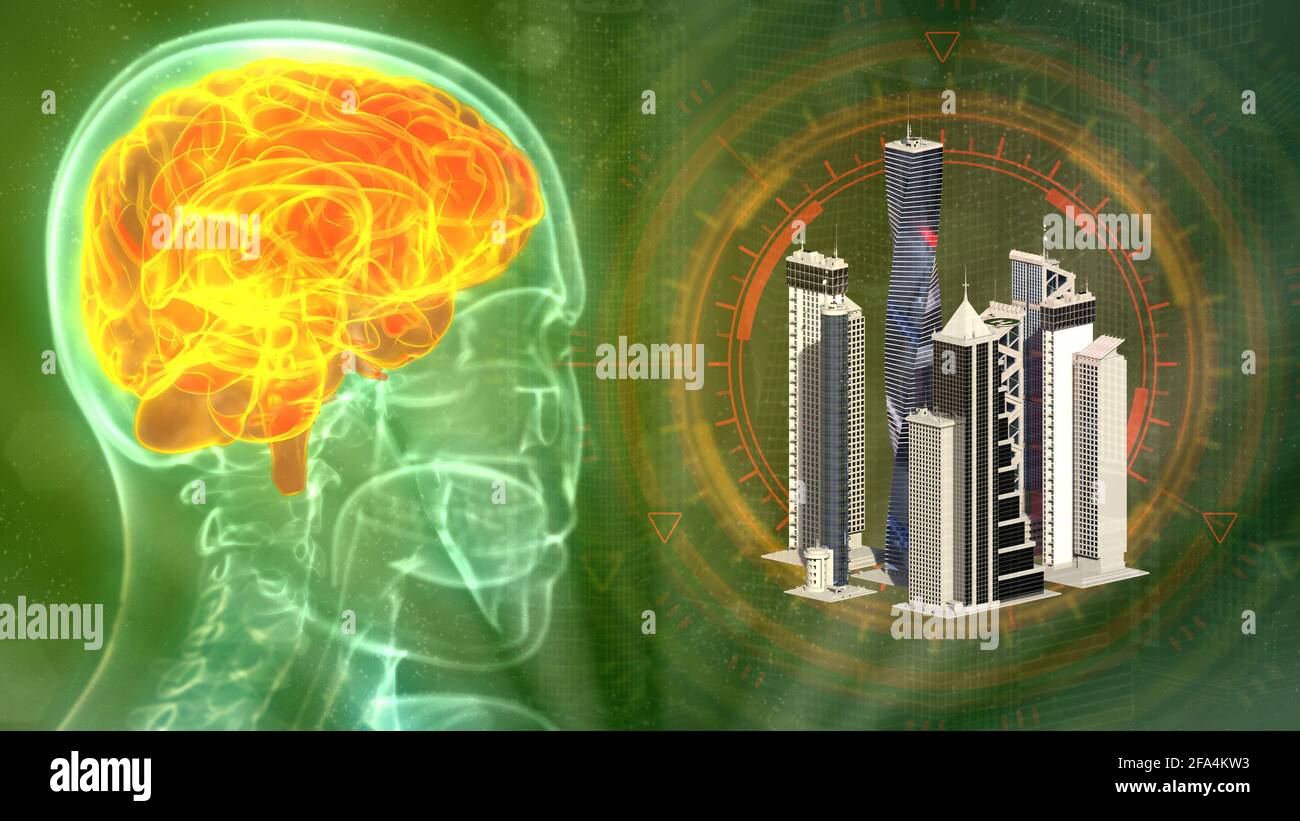 brain stricken by city life, cg industry 3d illustration Stock Photo ...