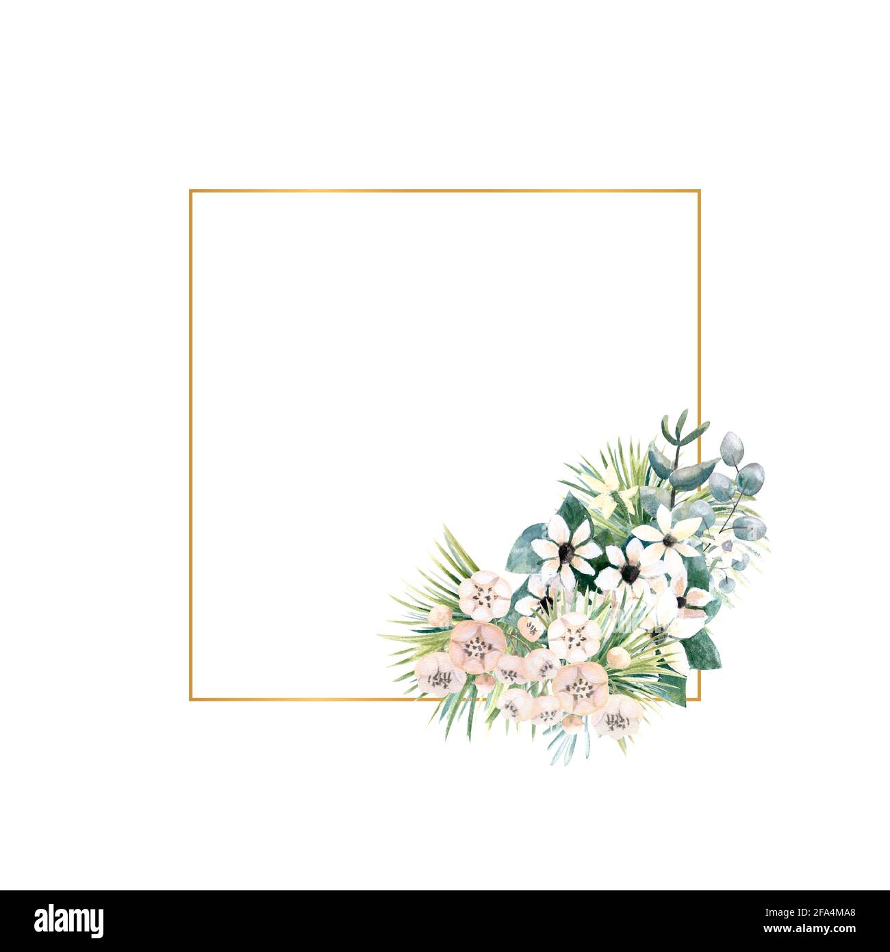 Square gold frame with small flowers of actinidia, bouvardia, tropical and palm leaves. Wedding bouquet in a frame for the design of a stylish Stock Photo
