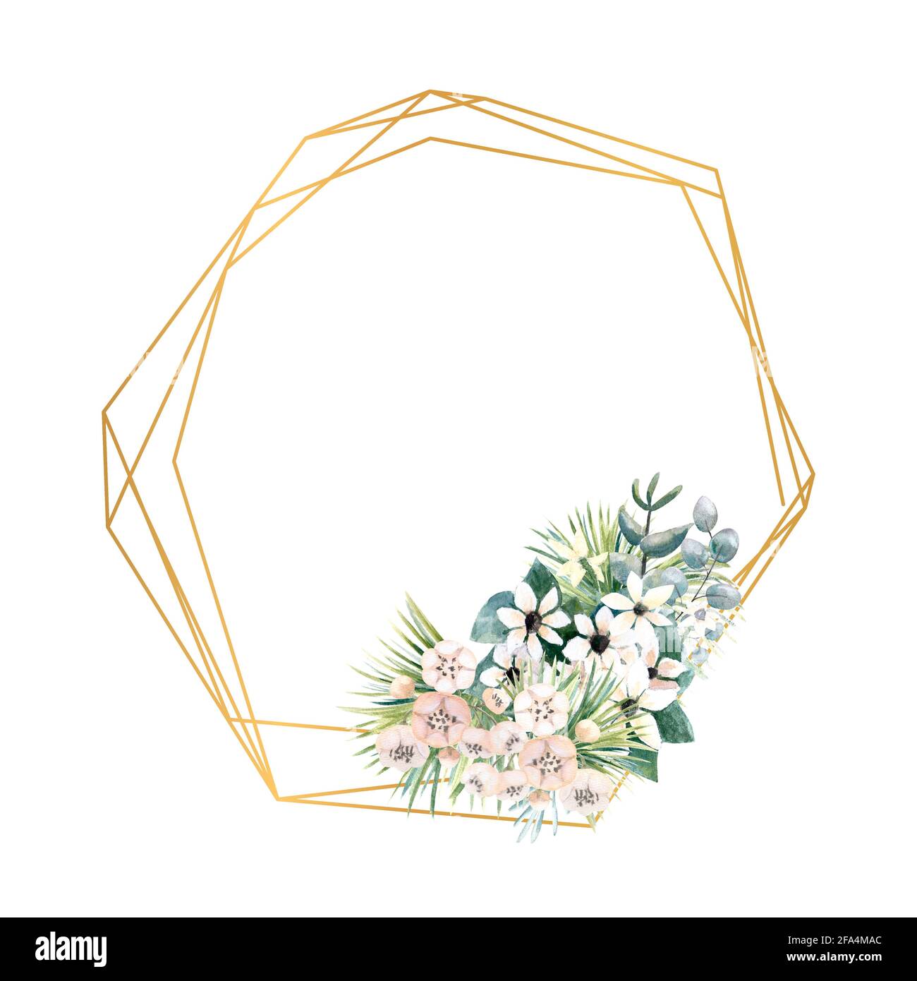 Geometric gold frame with small flowers of actinidia, bouvardia, tropical and palm leaves. Wedding bouquet in a frame for the design of a stylish Stock Photo