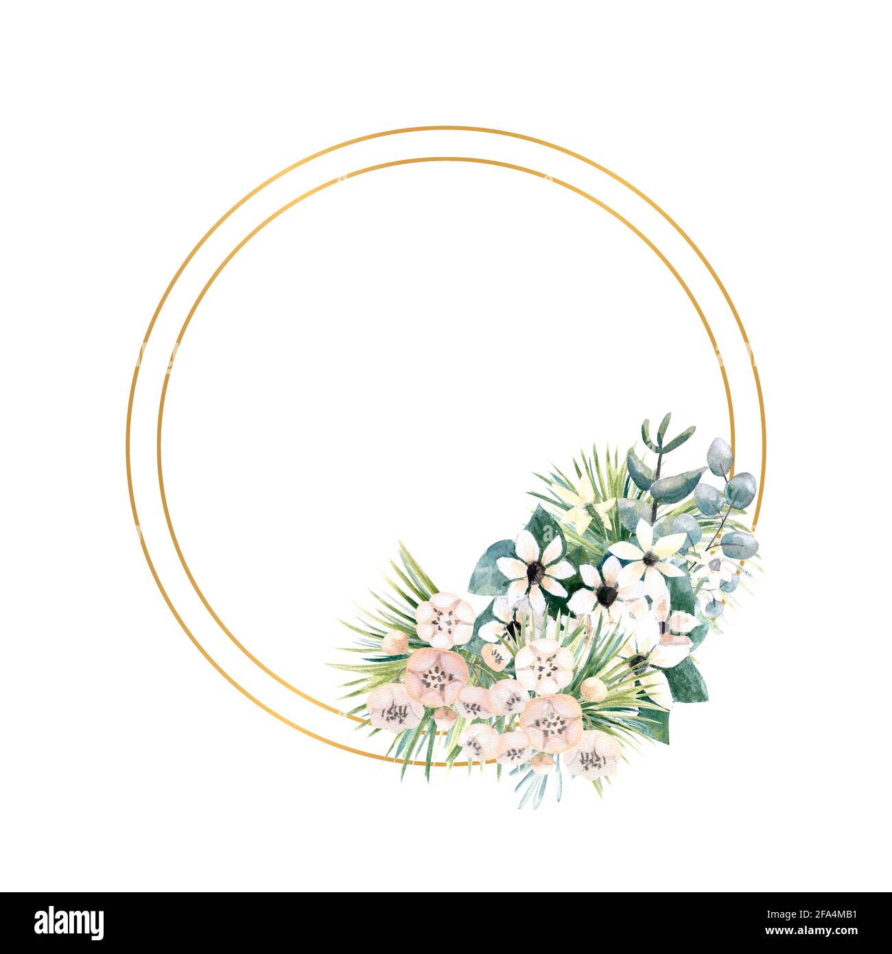 Round gold frame with small flowers of actinidia, bouvardia, tropical and palm leaves. Wedding bouquet in a frame for the design of a stylish Stock Photo