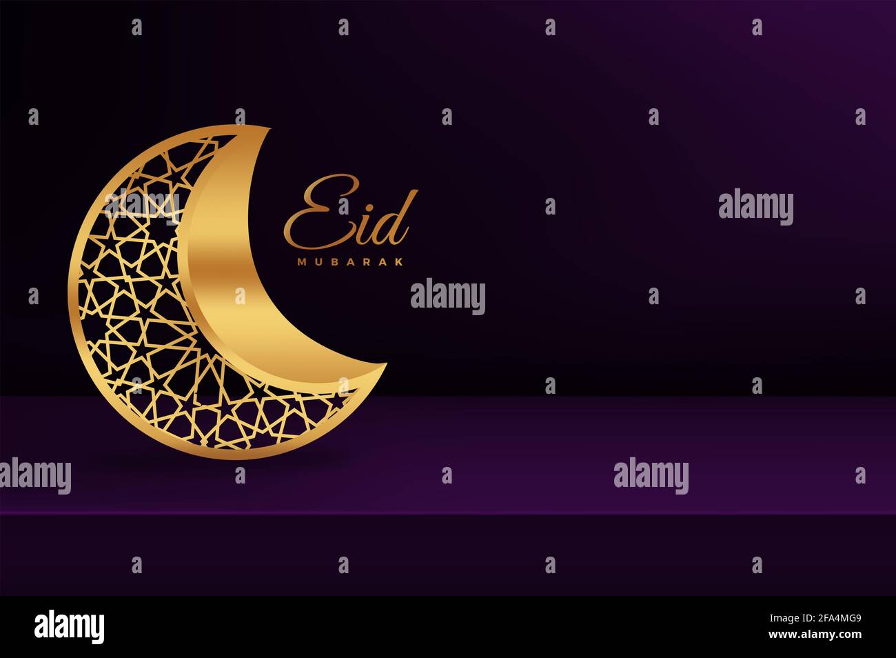 Eid mubarak with 3d rendered crescent moon on the table with copy space ...
