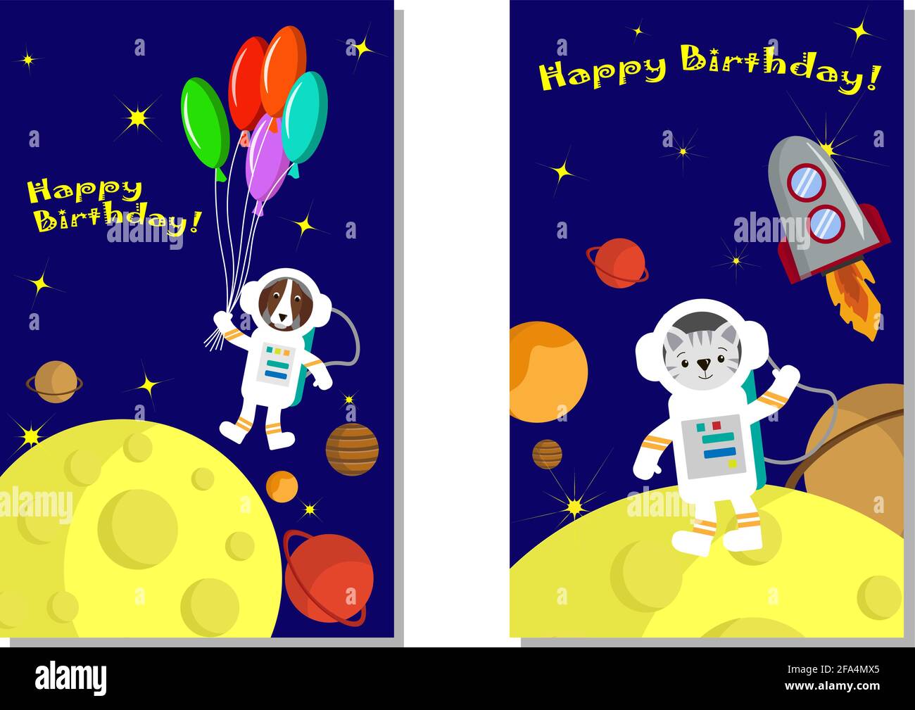Happy birthday greeting card template with space illustration. Space ...