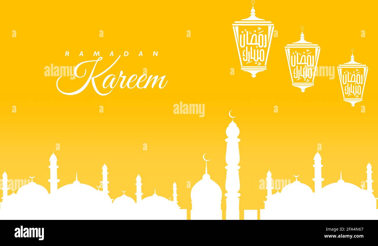ramadan kareem beautiful arabic calligraphy lettering with hanging lanterns and mosque background Stock Photo