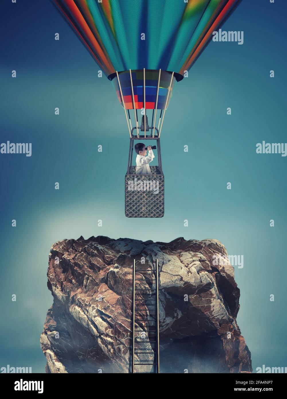 Ladder to the top of a mountain rock and a man looks through binoculars  flying with hot air balloon Stock Photo - Alamy