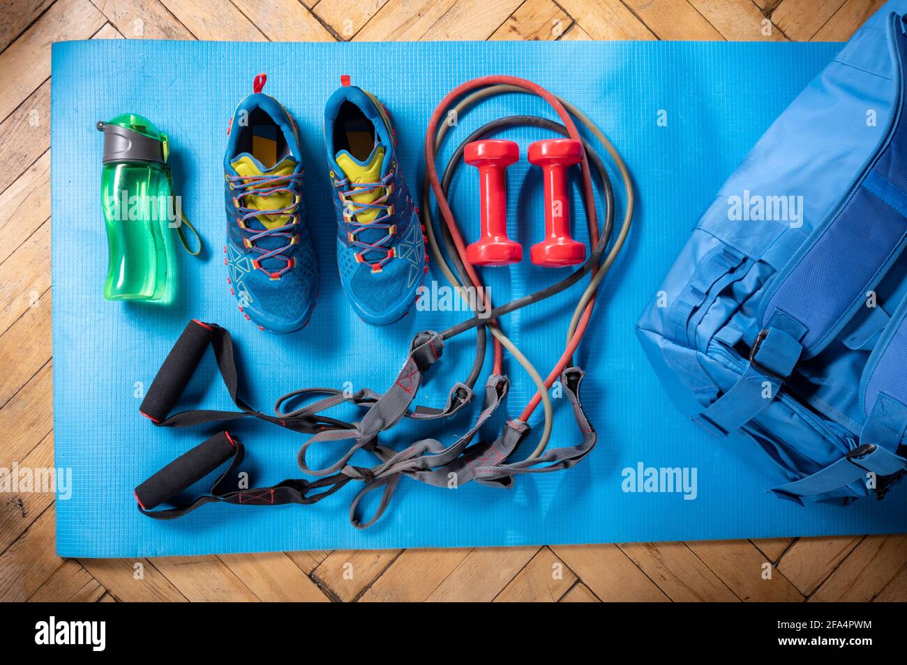 Sports bag for training. Fitness and sports equipment. Classes at home. Top. Stock Photo