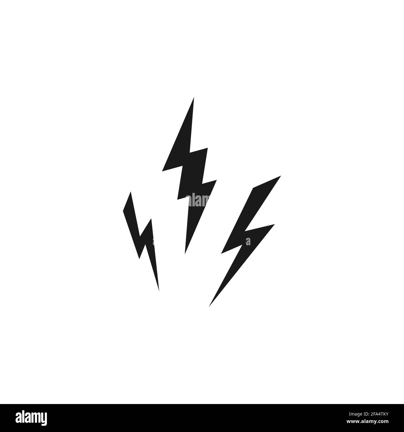 Three black lightning bolts. storm or thunder icon. Lightning strike sign isolated on white. High electricity voltage or explosion symbol. Vetor illus Stock Vector