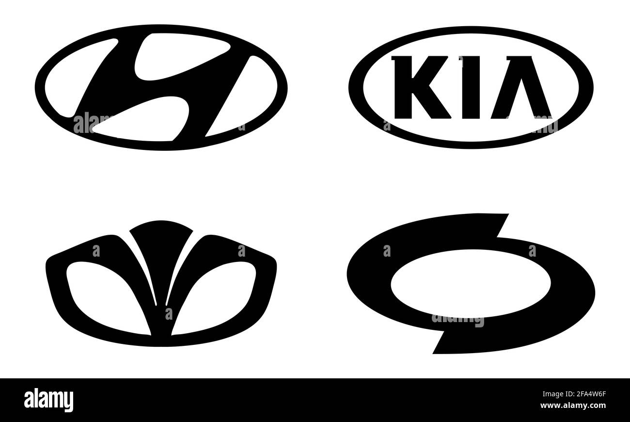 Vinnytsia, Ukraine - April 22, 2021: Set of most popular Korean car companies logo. Black automobile emblems sign. Hyundai, Kia, Daewoo, Renault Samsu Stock Vector