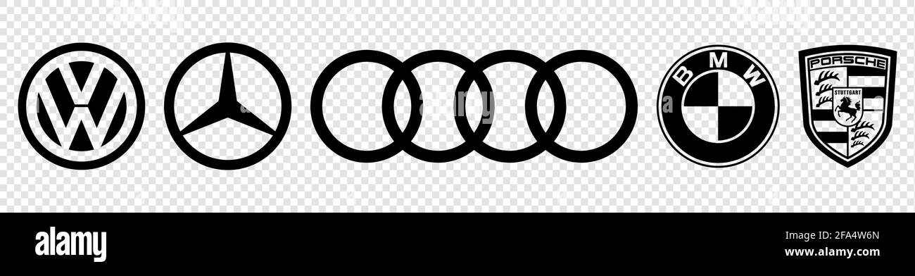 Vinnytsia, Ukraine - April 22, 2021: Set of black logo of top Germany auto cars companies. BMW, Volkswagen, Mercedes, Audi and Porsche. Editorial vect Stock Vector
