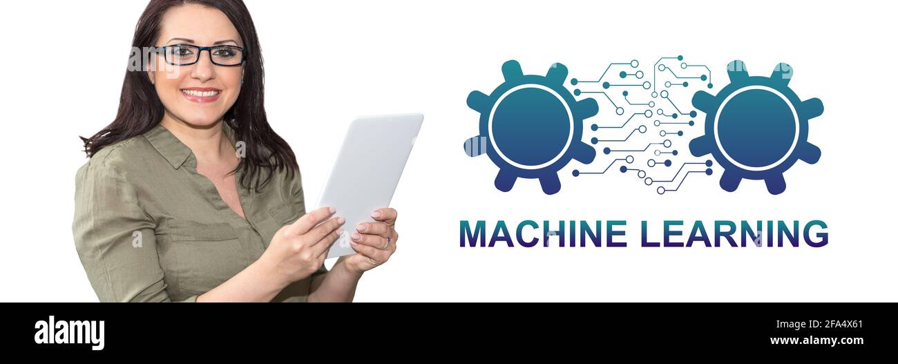 Woman using digital tablet with machine learning concept on background ...