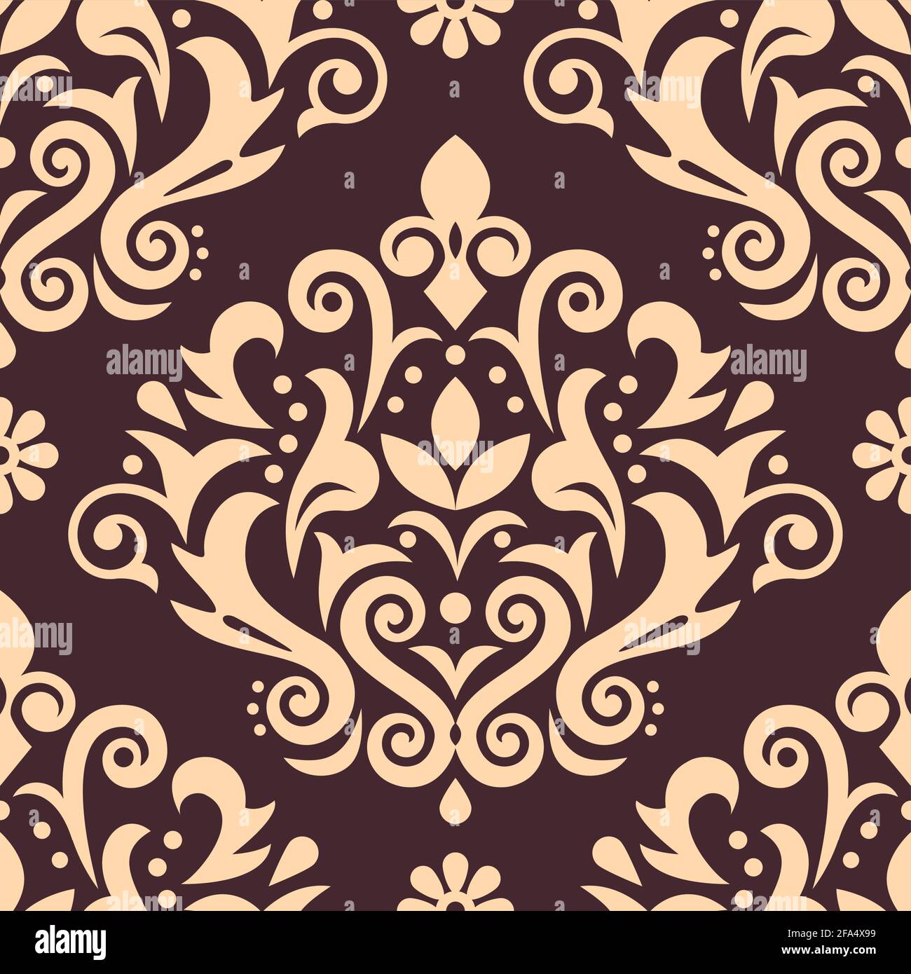 Damask luxury vector seamless pattern, victorian navy blue textile or fabric print design with flowers, swirls and leaves Stock Vector