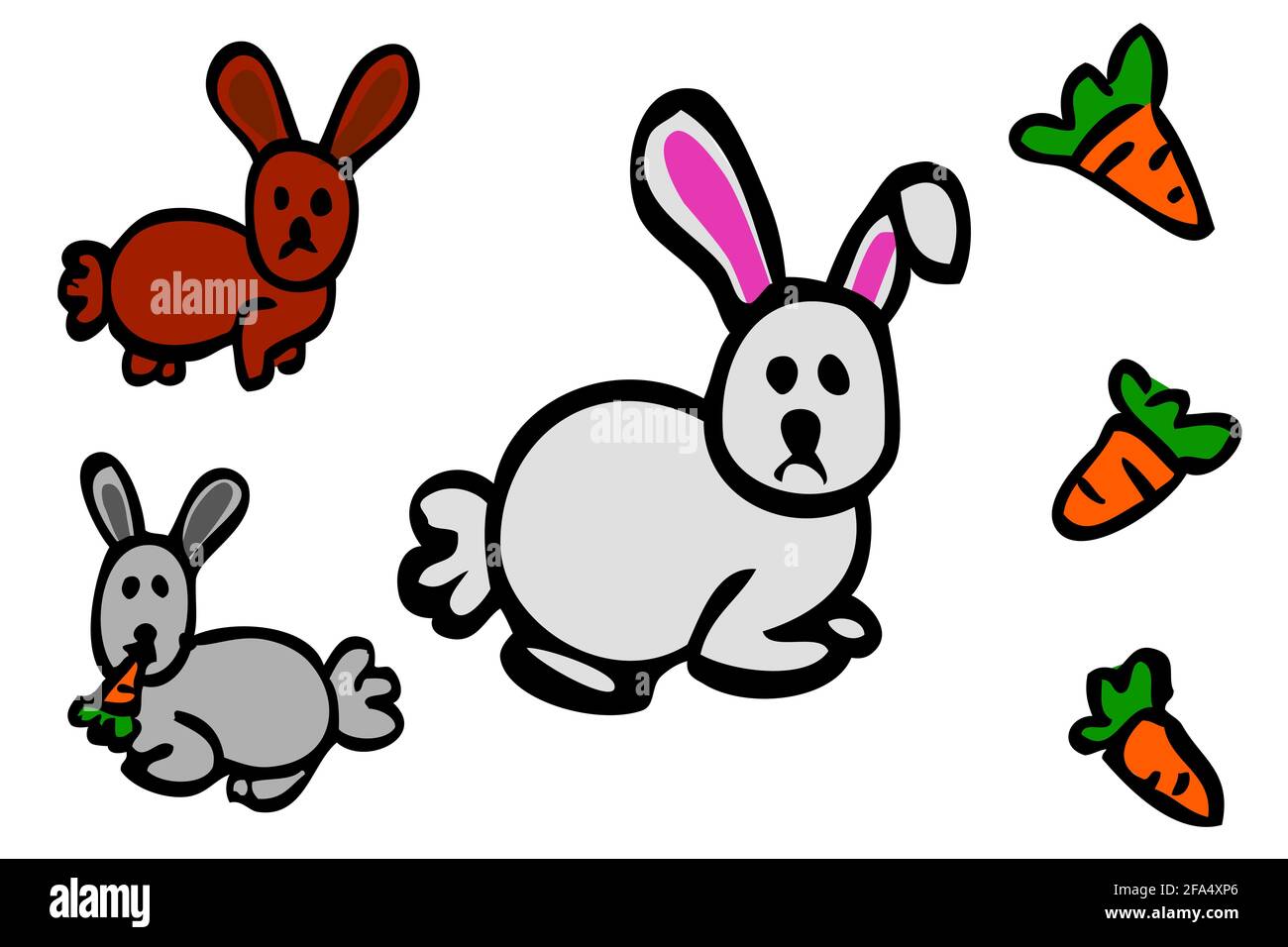 Doodle Vector hand draw Sketch 3 rabbit carrot, Isolated on white Stock Photo