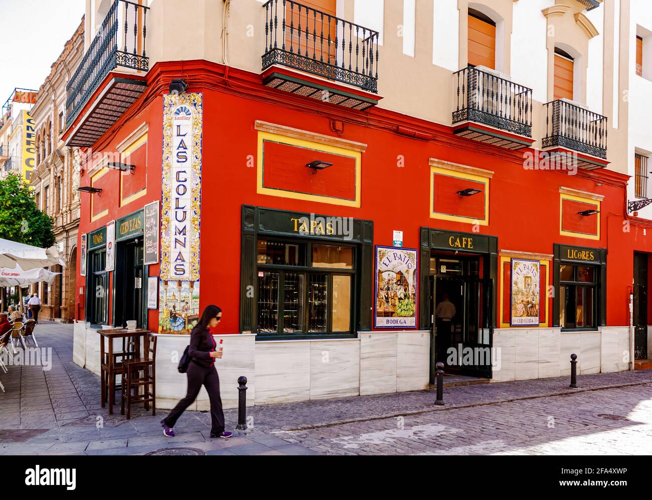Fasade cafe 'Patio San Eloy Las Columnas' on San Jacinto street. Seville, Andalusia, Spain. Stock Photo