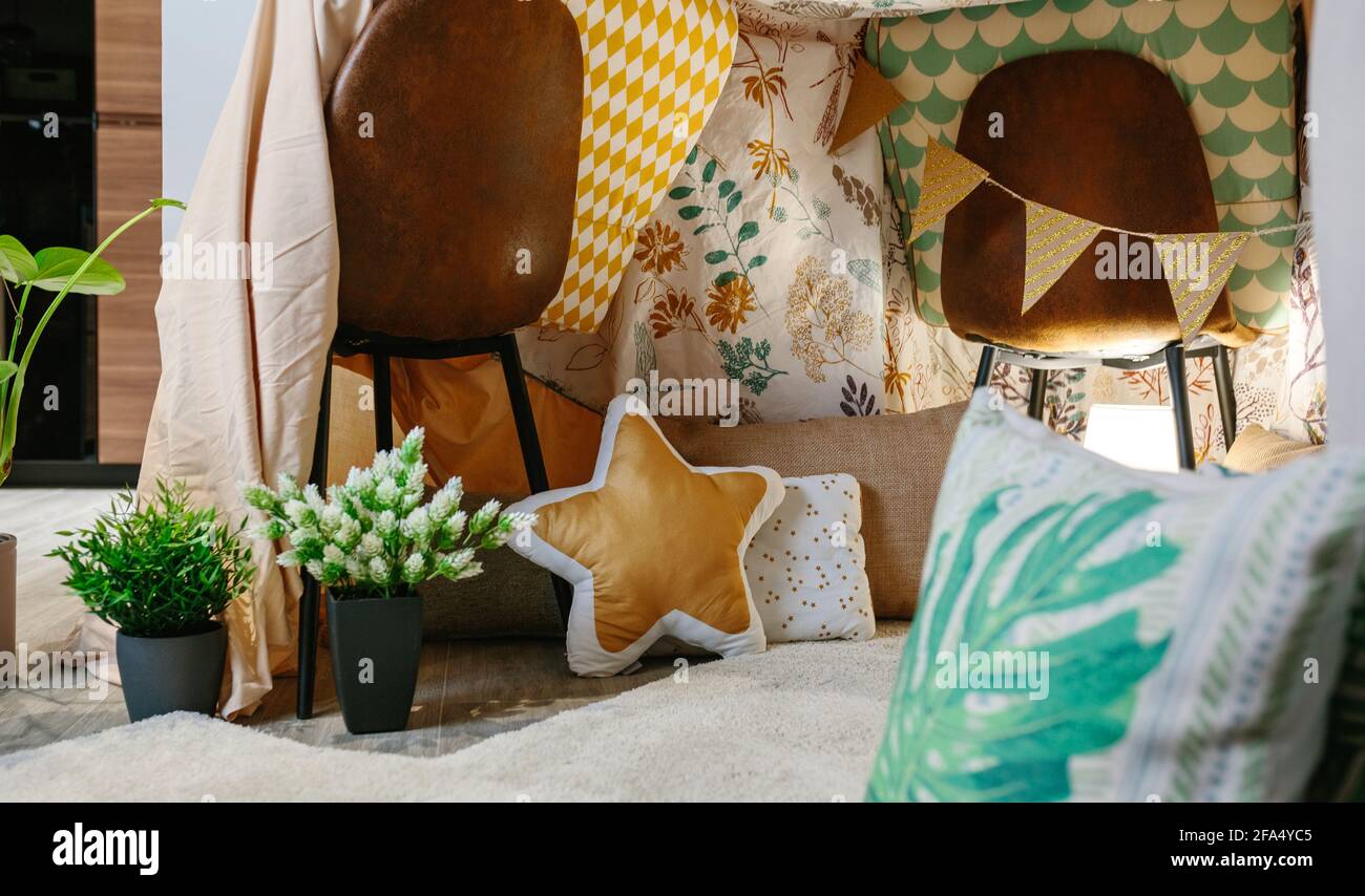 Interior of homemade tent in the living room Stock Photo Alamy