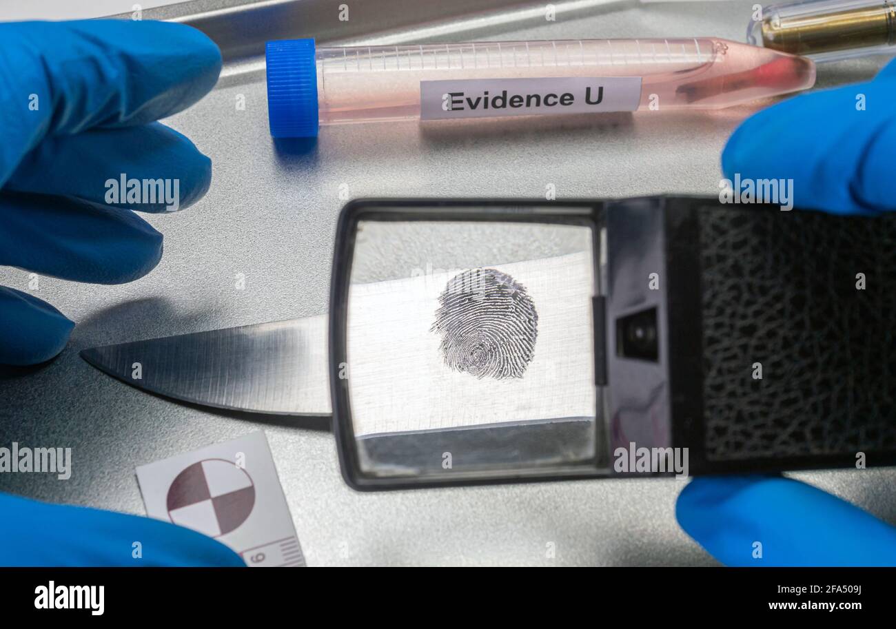 Police investigates with a magnifying glass fingerprint on a knife, conceptual image Stock Photo