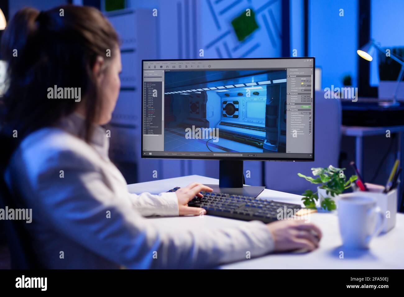 Editor developing new movie project, editing audio film montage sitting in production  office late at night. Creative content creator using professional computer,  modern technology, network wireless Stock Photo - Alamy