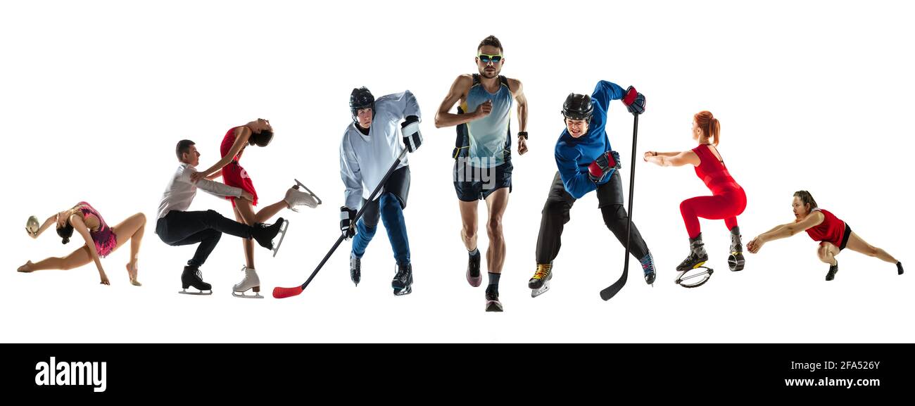 Collage of different professional sportsmen, fit people in action and ...