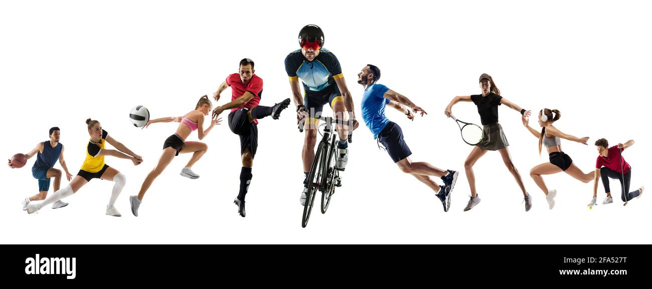 Collage of different professional sportsmen, fit people in action and motion isolated on white background. Flyer. Stock Photo