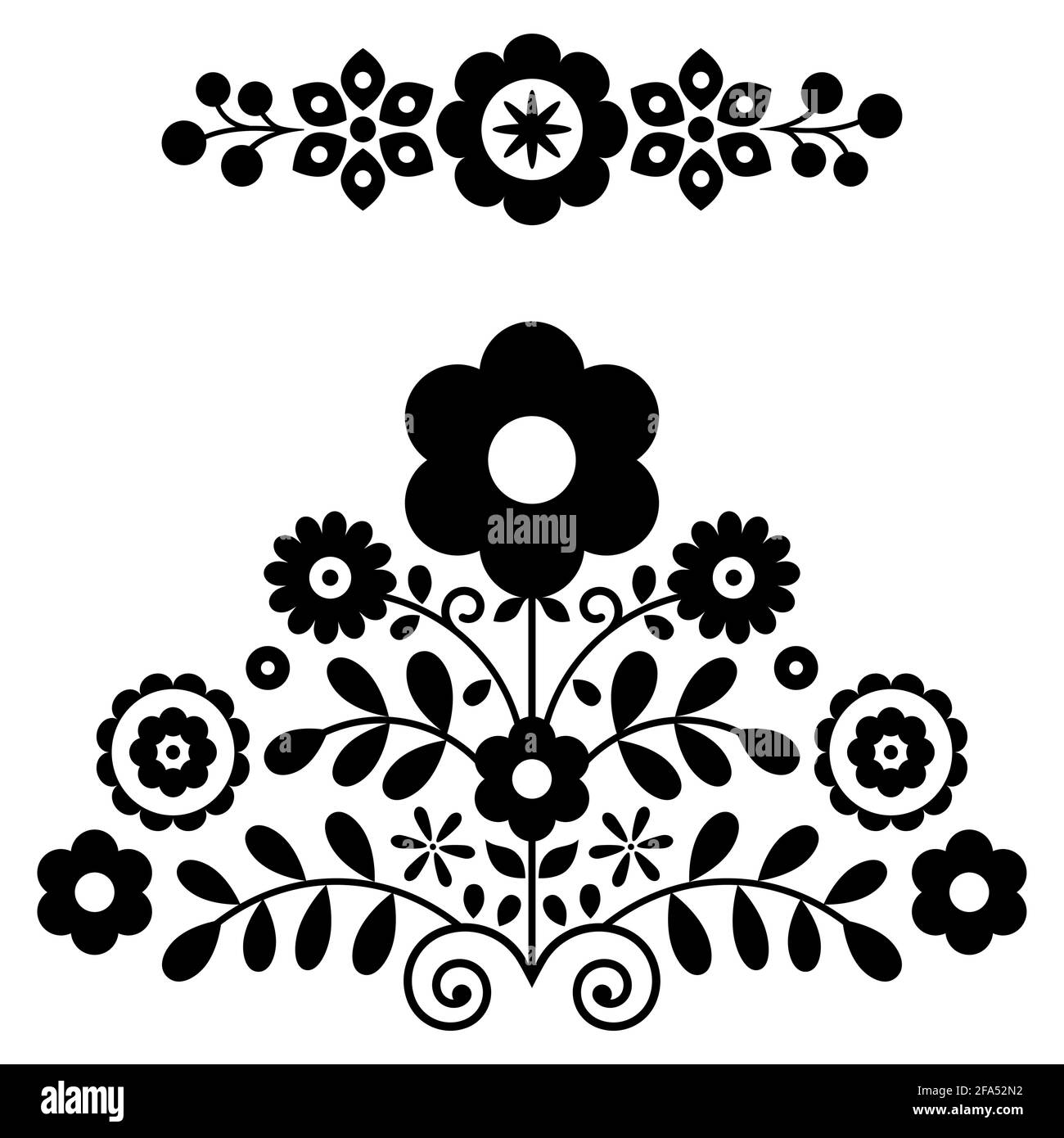 Polish folk art vector design elements in black and white inspired by ...