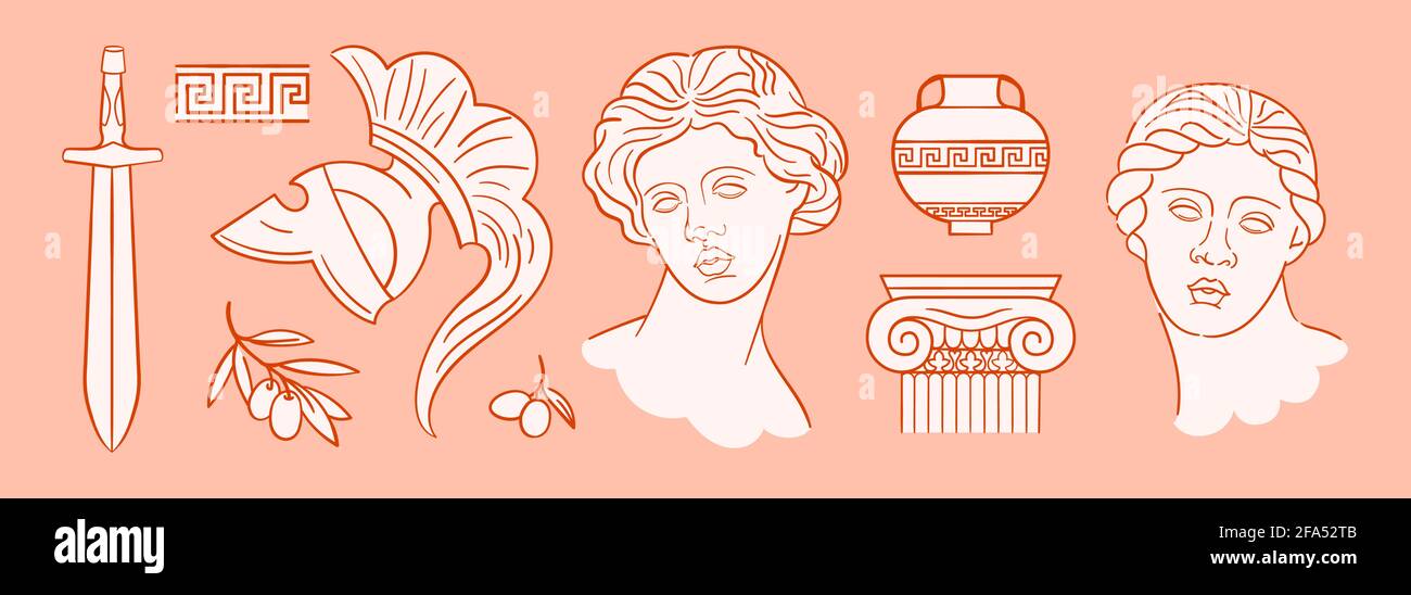 Set of mythical ancient greek stickers. Heads of women, helmet, amphora, dagger. Classic statues in modern style, isolated hand drawn Stock Vector