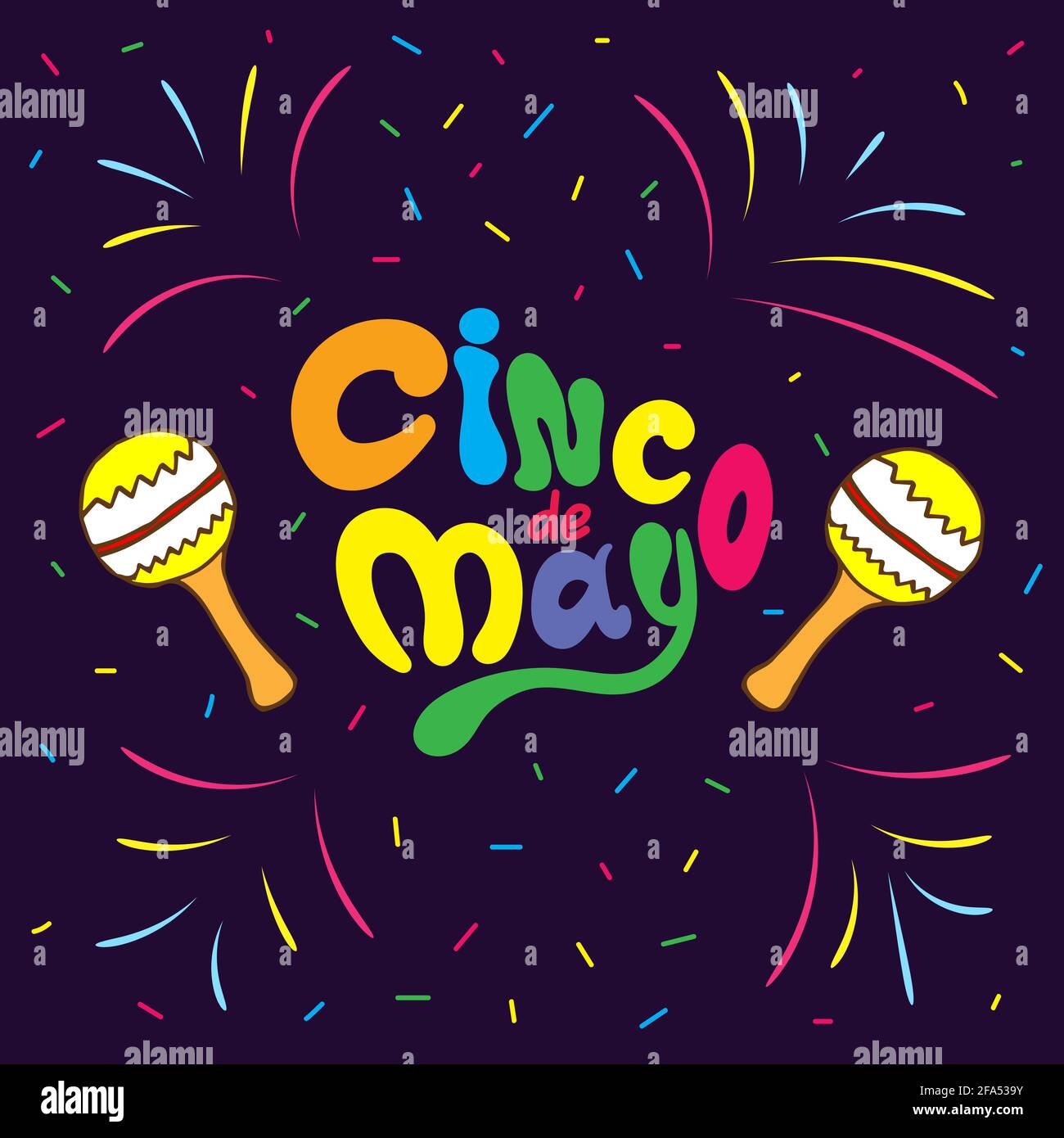 Cinco De Mayo background template for the celebration of the Mexican holiday. Handwritten lettering phrase design with hand-draw maracas. Vector Stock Vector
