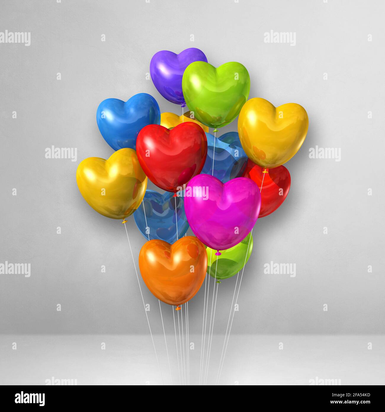 Colorful heart shape balloons bunch on a white wall background. 3D ...