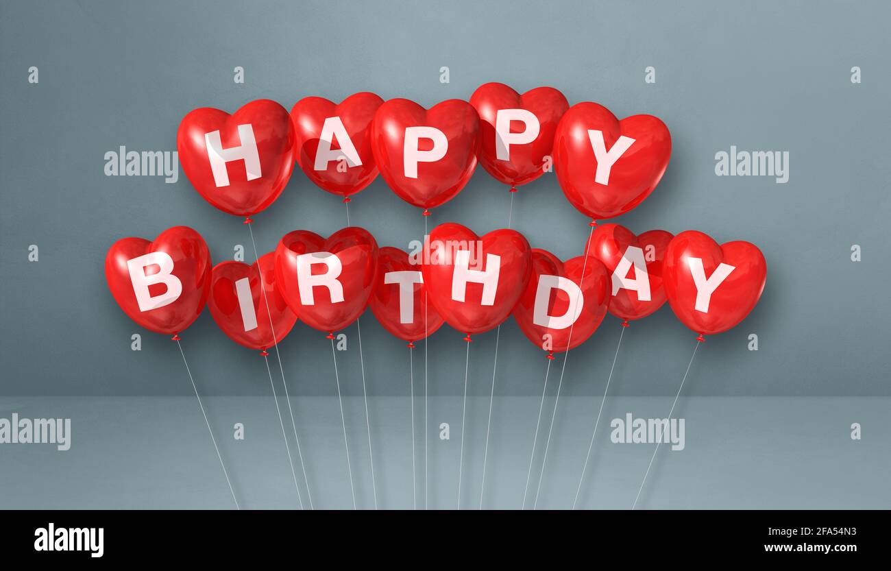 Red happy birthday heart shape air balloons on a grey background scene ...