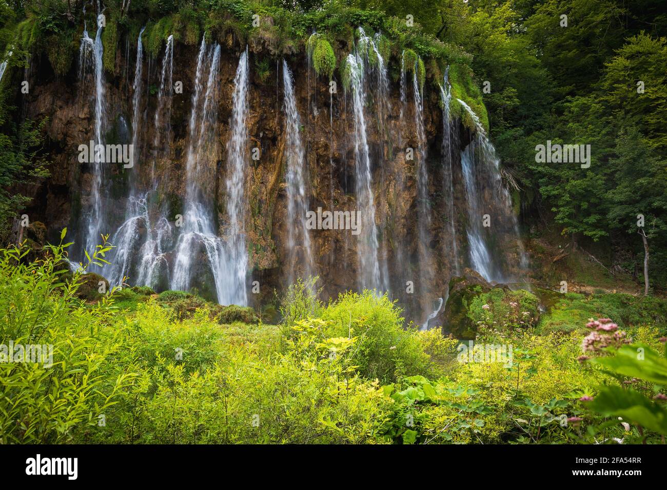 Cascades and waterfalls in the landscape of Plitvice Lakes, Croatia. Stock Photo