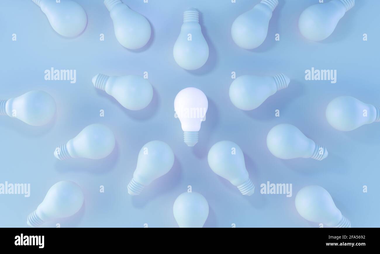 Glowing Light Bulb white Standing Out From the Crowd on blue background. ideas, leadership, creativity, innovation and individuality concept. 3d rende Stock Photo