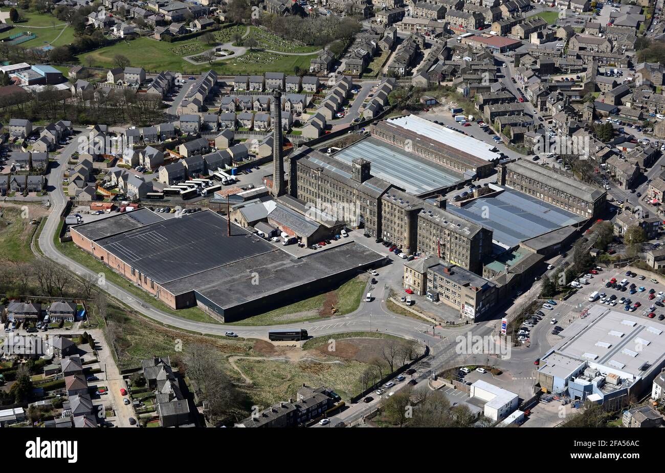 aerial view of Black Dyke Mills, Queensbury, Bradford, West Yorkshire Stock Photo