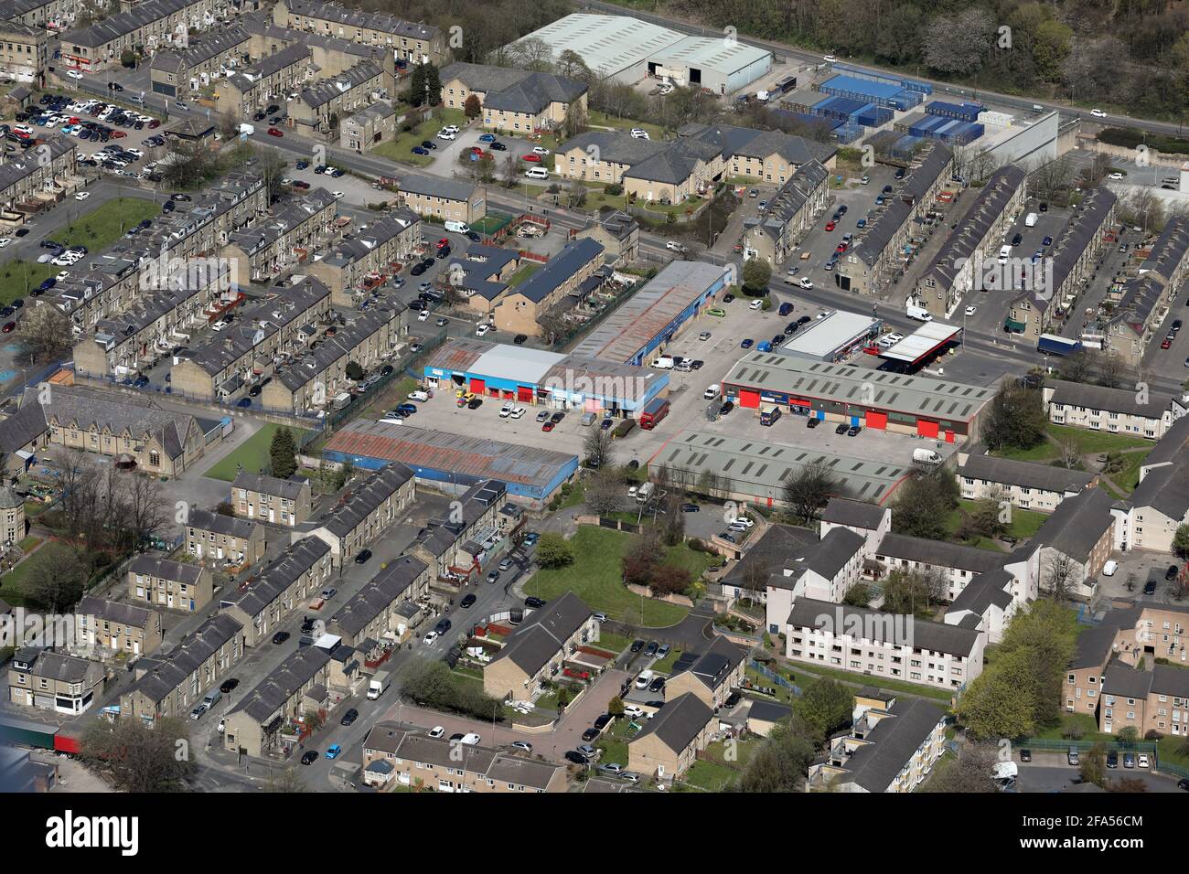 aerial view of Halifax Industrial Estate, in the Pellon Lane area of Halifax town centre, West Yorkshire Stock Photo