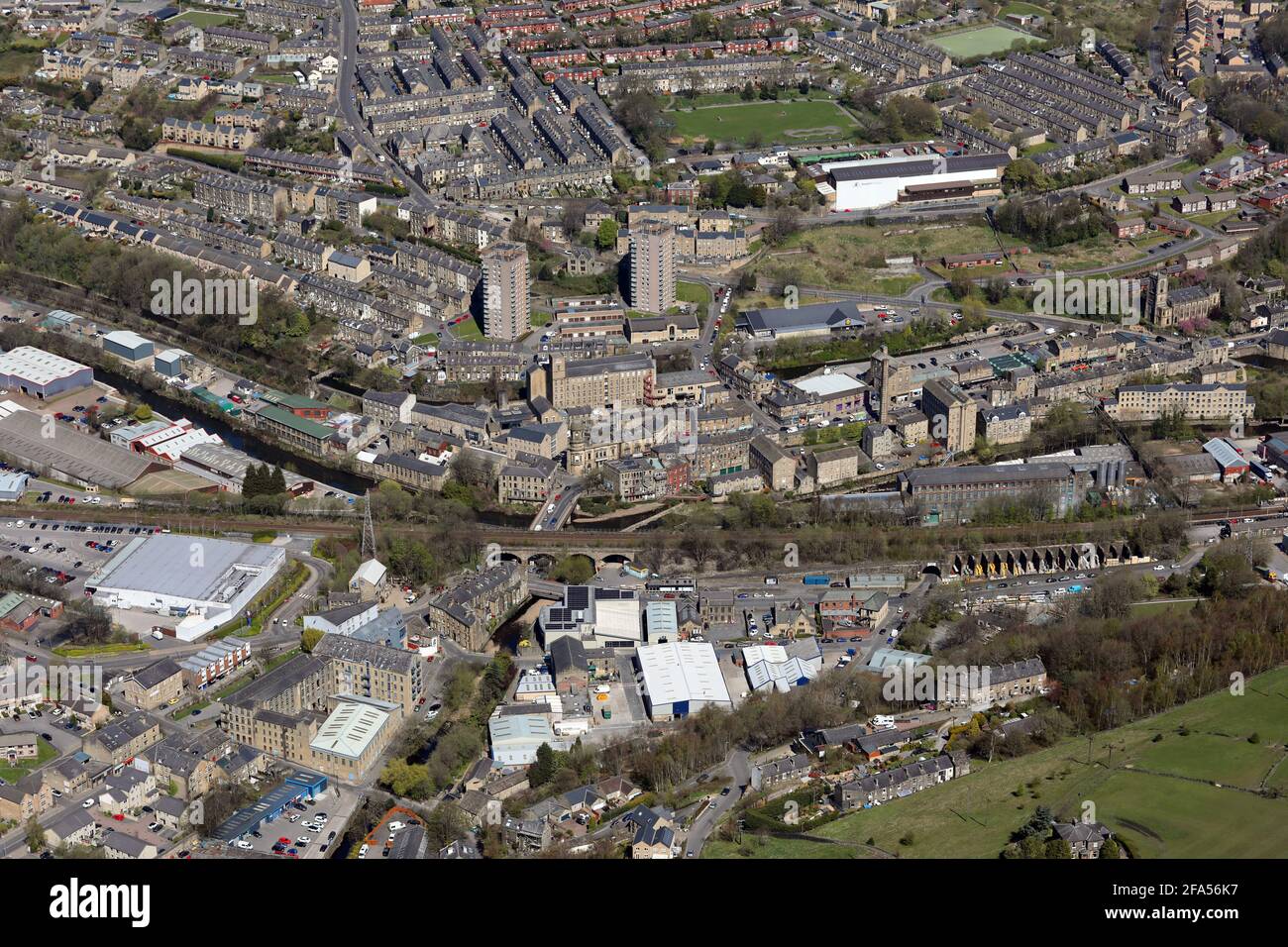 aerial view of Sowerby Bridge town centre, West Yorkshire Stock Photo