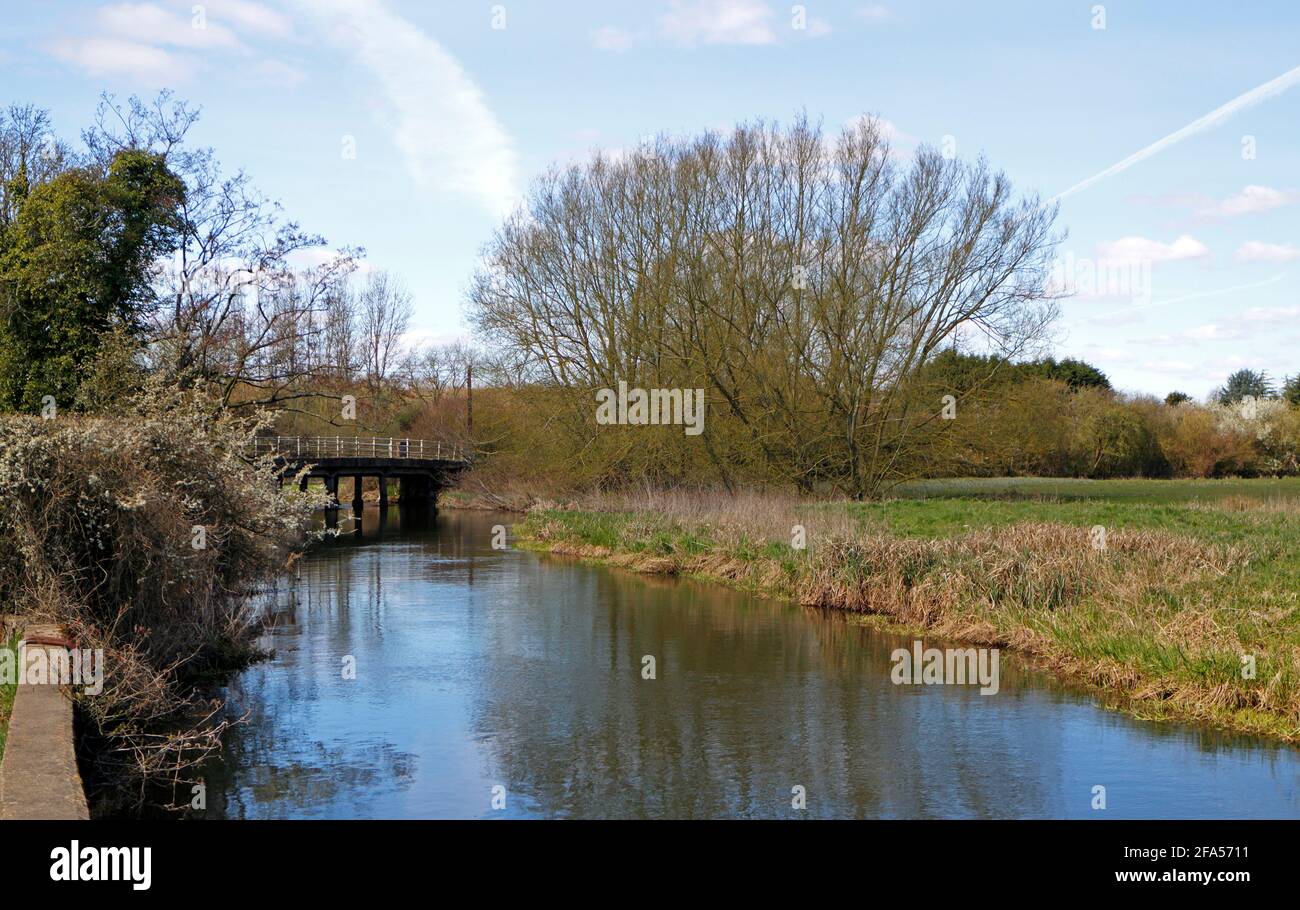 A view of the River Wensum upstream of the road bridge in the countryside at Ringland, Norfolk, England, United Kingdom. Stock Photo