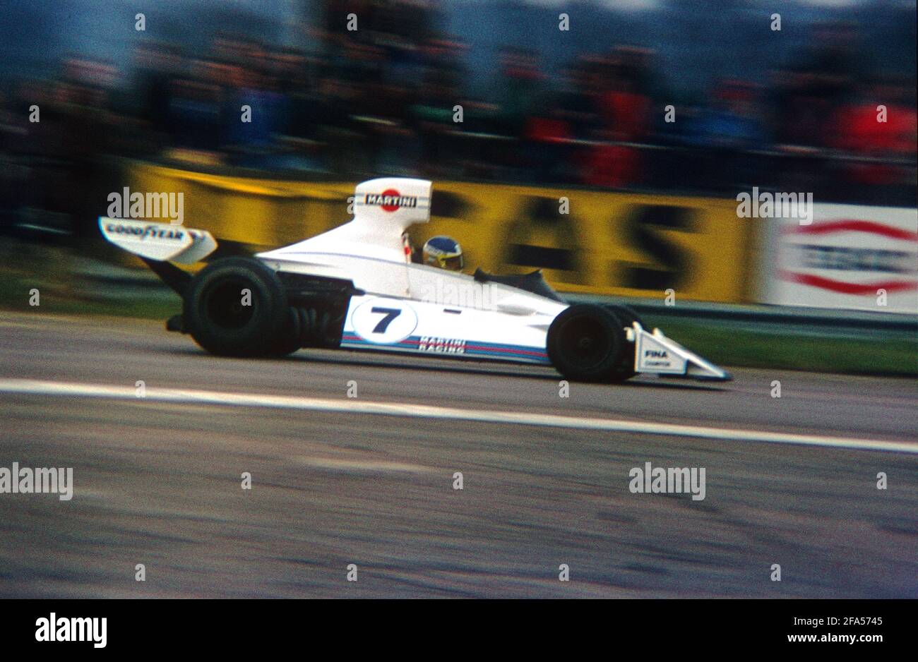 The Brabham BT44B of Carlos Reutemann during practice for the 1975 British Grand Prix, Silverstone. Stock Photo