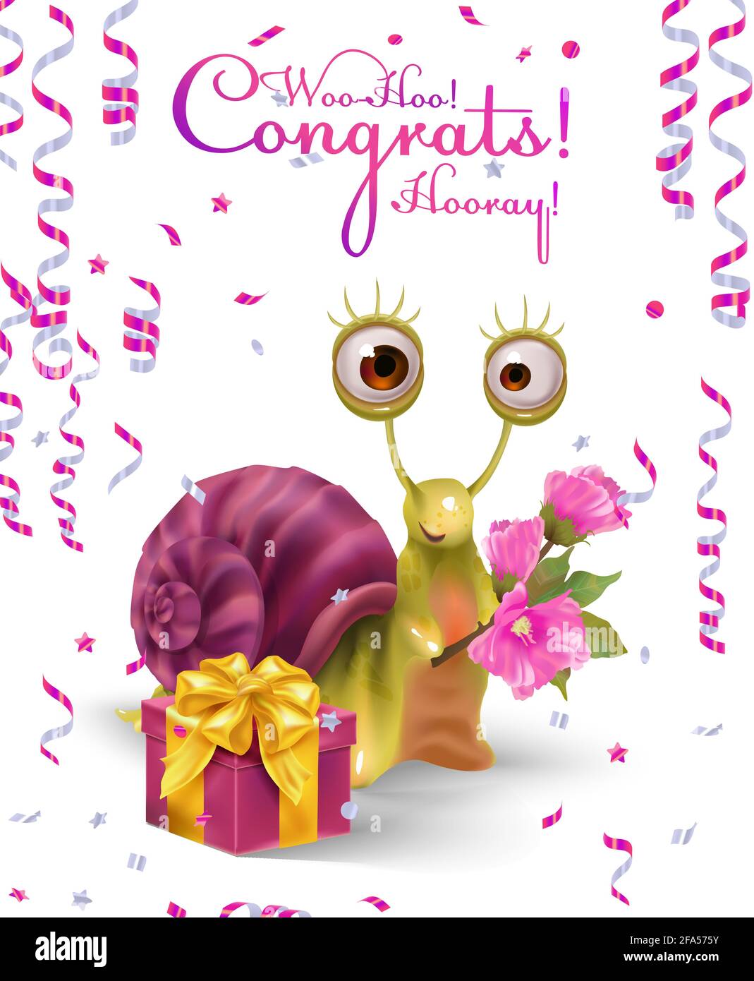 A cool snail, funny and cute, congratulates you on the holiday. Cartoon character, print T-shirt. Stock Photo