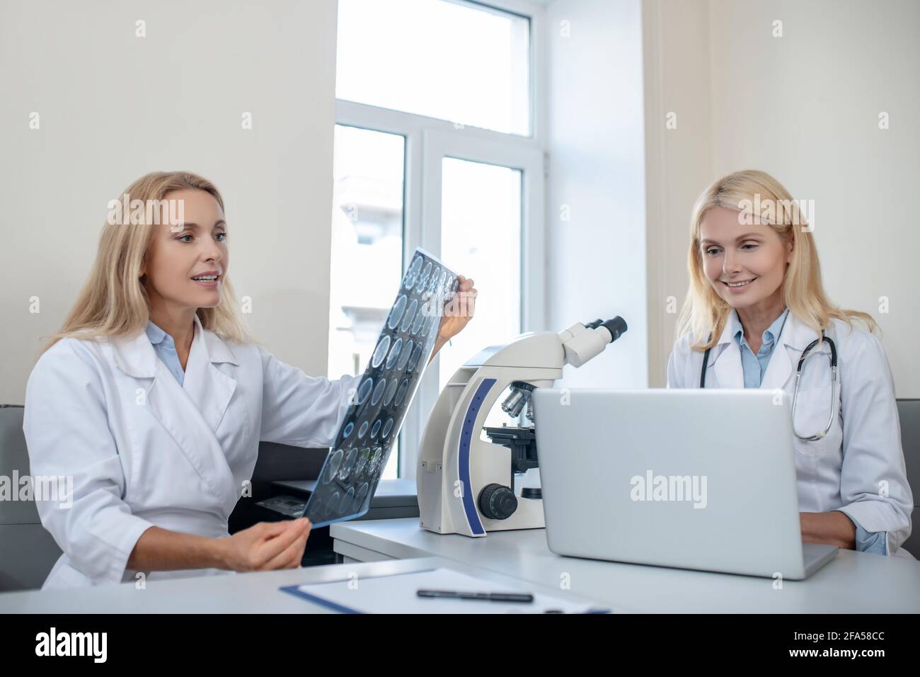 Two colleagues doctors working communicating in office Stock Photo